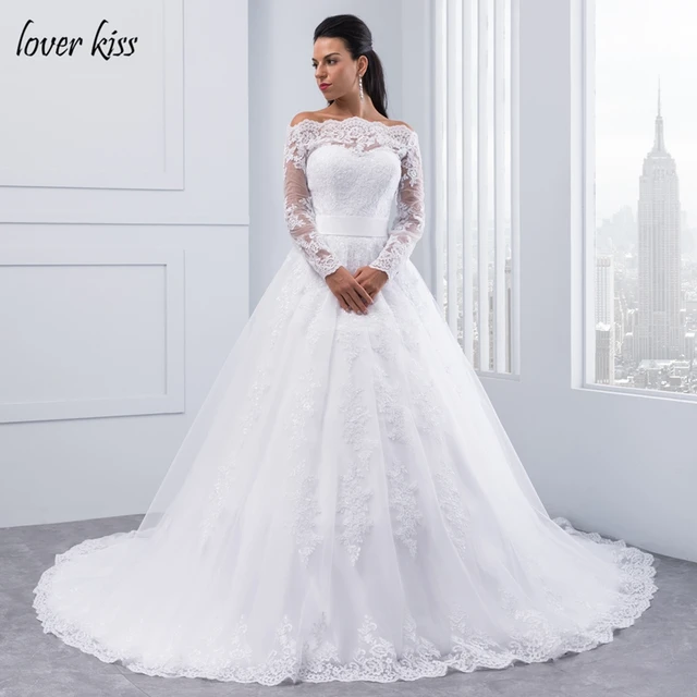 Amant Baiser Manches Longues Robes De Mari e Col Bateau Robe De Bal Robe de mariage