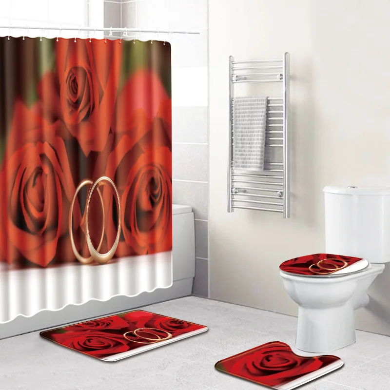 4 Pieces Set Waterproof Shower Curtains with Hooks + Non-Slip Pedestal Rug Lid Toilet Cover Bath Mat | Дом и сад