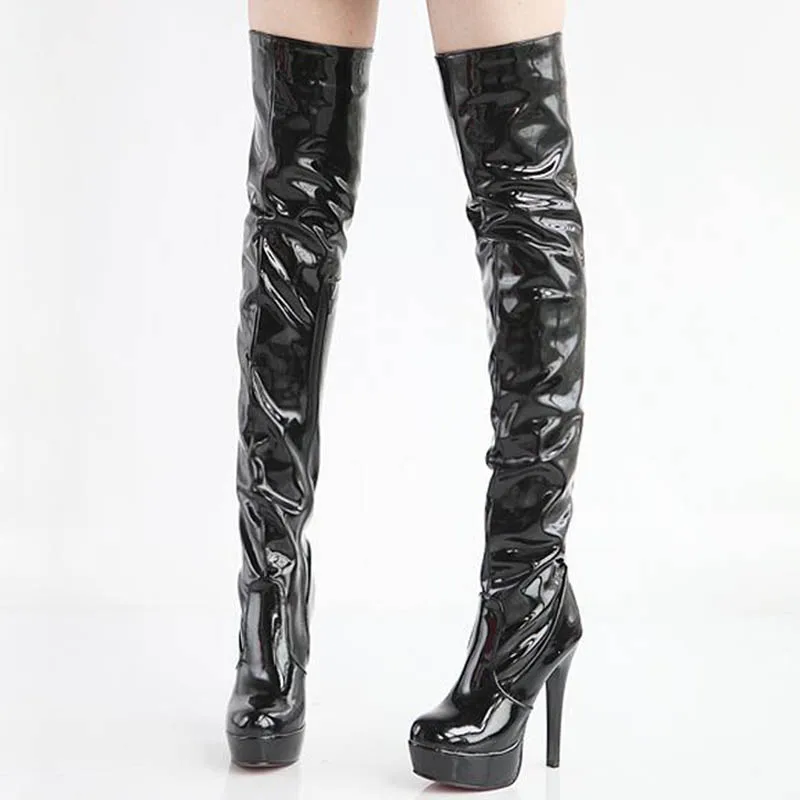 Plus Size 34-43 Women Tall Pole Dancing Boots Patent Leather Thigh High Boots Fashion Over the Knee Boots High Heels Shoes Woman