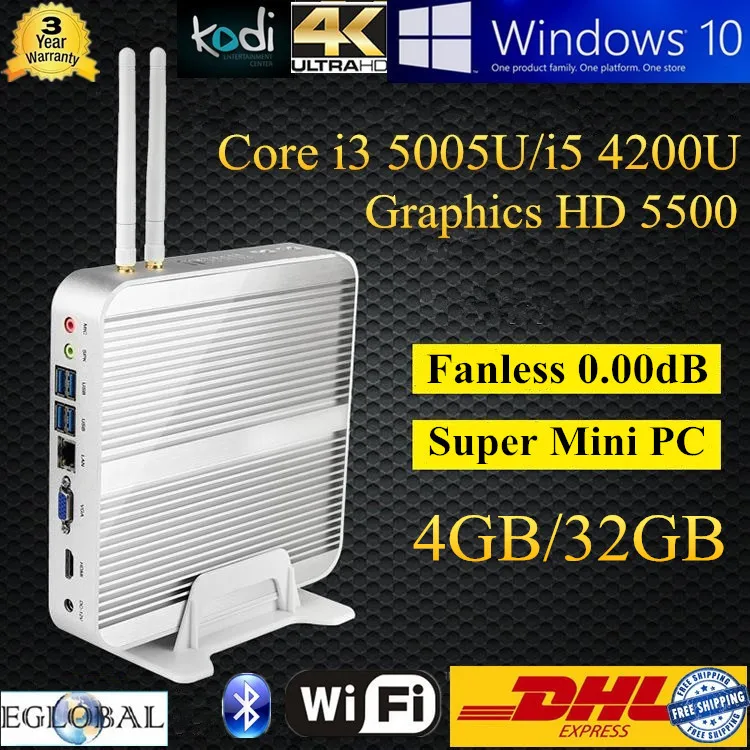 DHL Free Shipping Kodi Openelec Linux 4K HD HTPC Intel Core i5 4200U i3 5005U 5500 Graphics 4GB DDR3L 32GB SSD Broadwell MINI PC