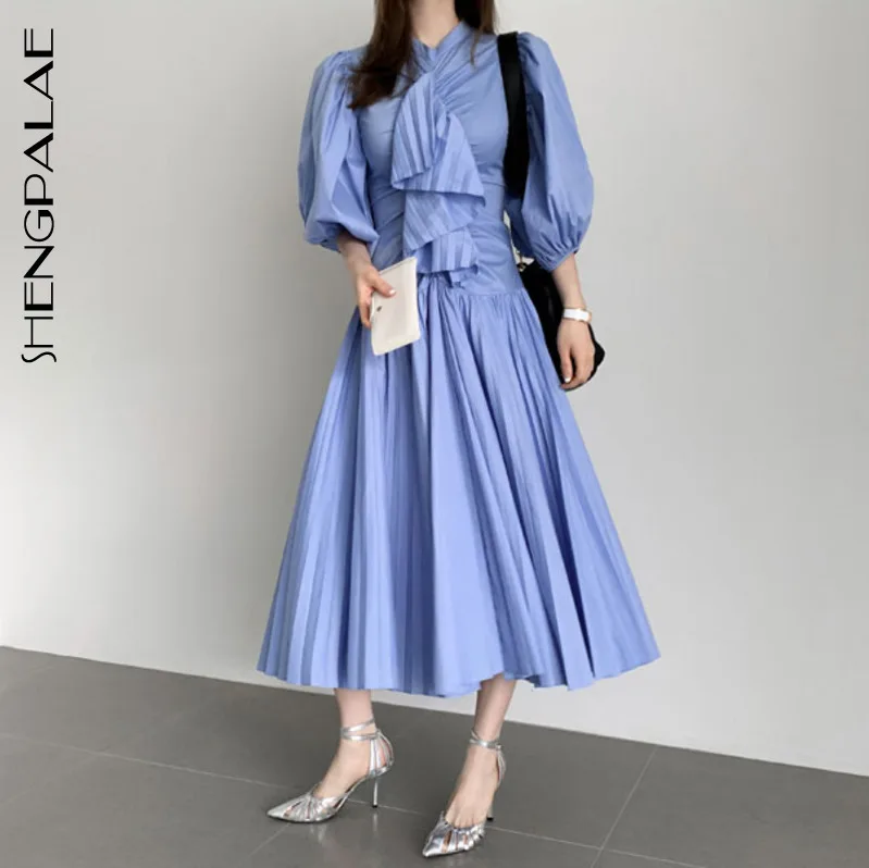 

SHENGPALAE Solid Blue Round Collar Split Joint Ruffles Vestidos Lantern Sleeve Korean Fashion Loose Big Size Women Dress FN880