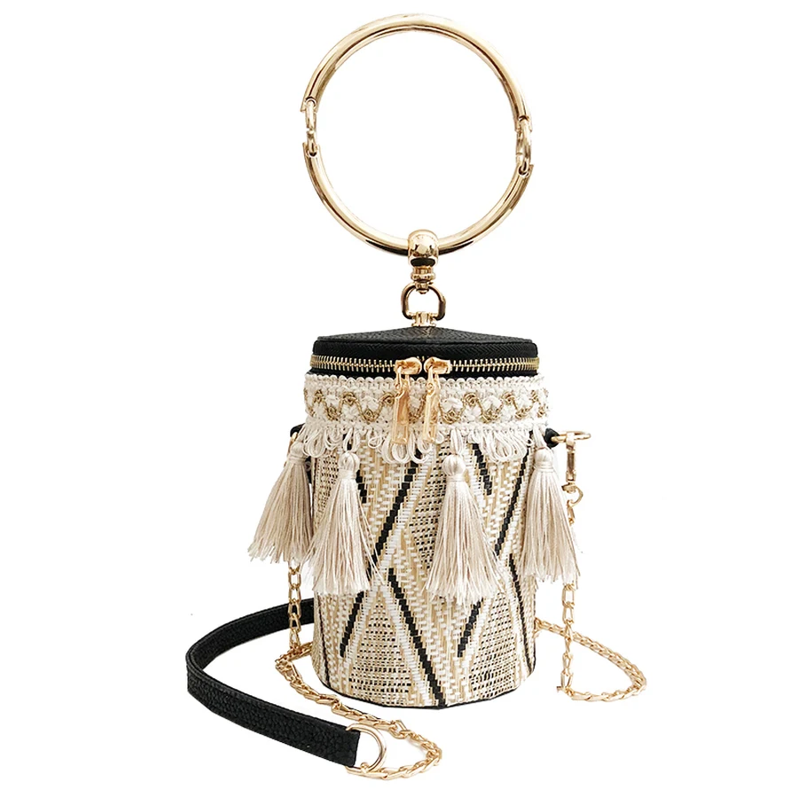 

Fun Trendy Pu Leather Straw Fringe Round Handbag Women Cylinders Ladies Casual Tote Mini Bolsa Shoulder Crossbody Bag For Women