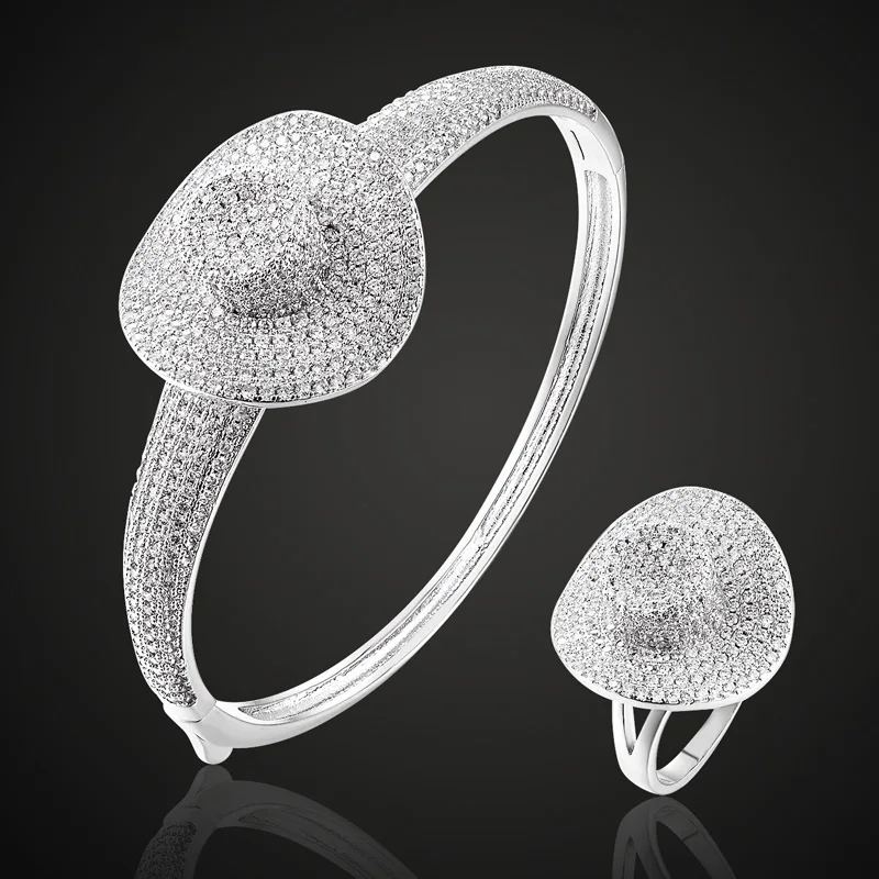 

Brand New year hats cubic zircon Bangle & Rings Jewelry Sets rhodium silver copper Bangle Rings Accessory Sets Men Bangle sets