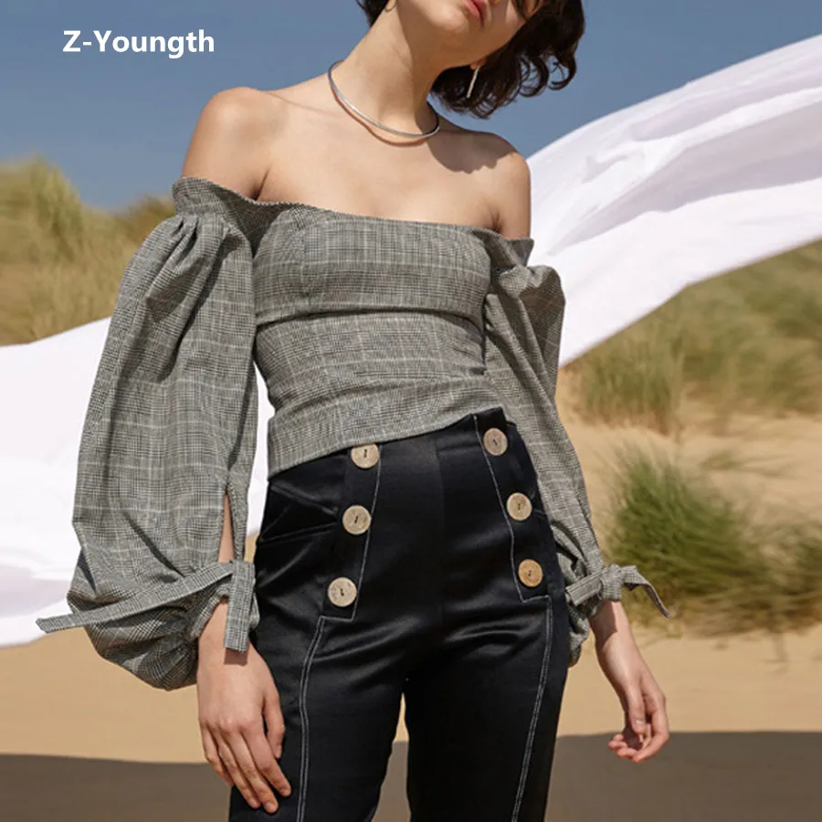 2018 Autumn Vintage Palace Plaid Shirts Lantern Sleeve Off Shoulder Slash Neck Backless Cross Drawstring Sexy Women Blouse Blouses