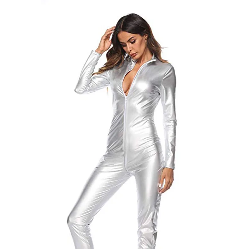 Woman-sexy-silver-Metallic-full-Catsuit-Front-Back-Zipper-Jumpsuit-Long ...