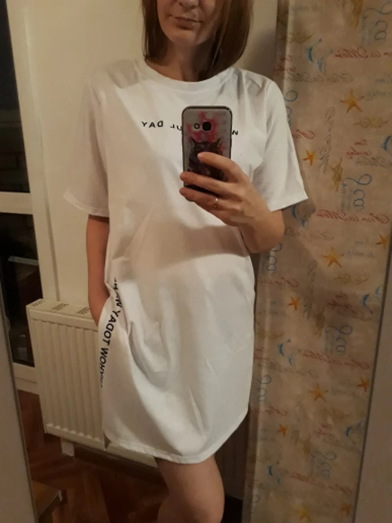 Белая длинная футболка с разрезом сбоку и буквенным принтом, круглый вырез, плюс размер, женские топы, летняя Новинка, Vogue Harajuku, свободная футболка
