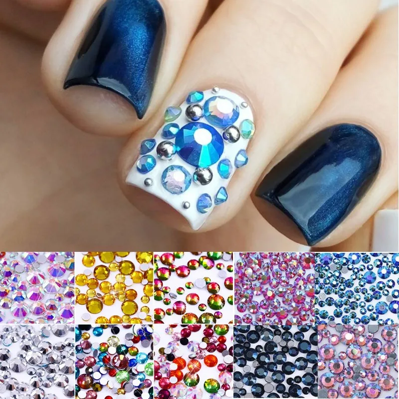 

1 Bag Colorful Rhinestone 3D Nail Decoration Crystal Champagne AB Color Multi-size Flat Bottom Manicure Nail Art Accessories