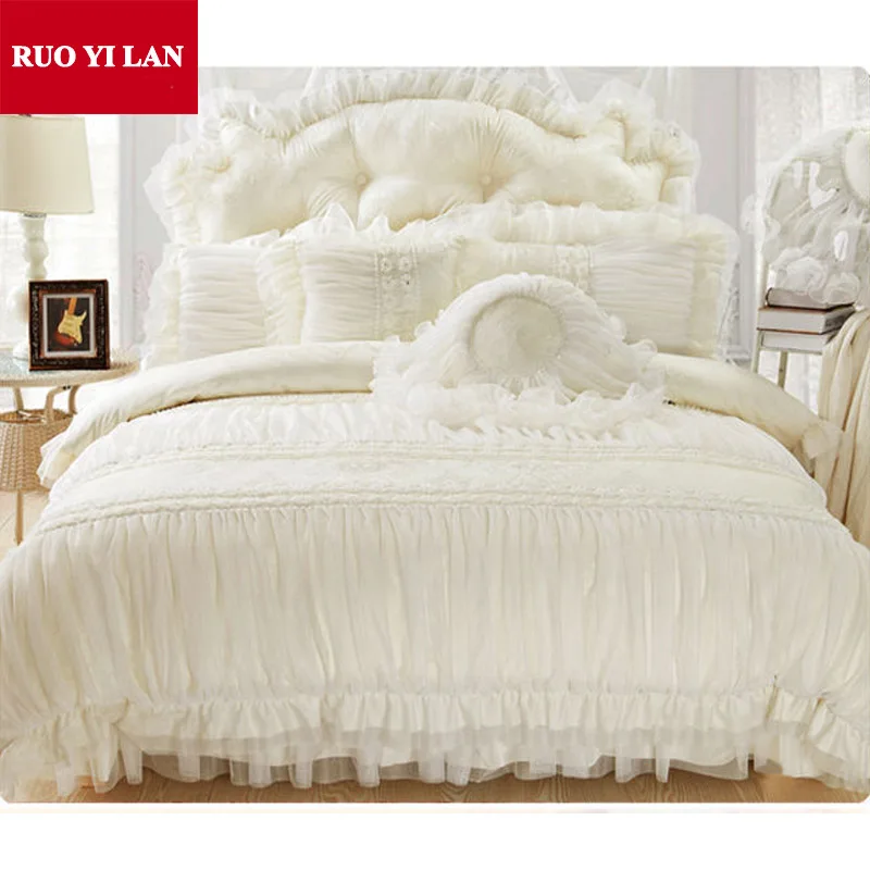 Katoen Jacquard Prinses beddengoed set 4 stks zijde Kant Ruches dekbedovertrek sprei bed rok beddengoed koning koningin Wit/paars Katoen Jacquard Prinses beddengoed set 4 stks zijde Kant Ruches dekbedovertrek sprei bed rok beddengoed koning koningin Wit/paars