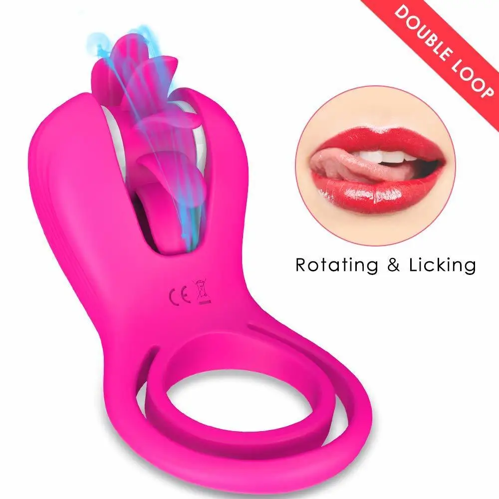 Penis Ring With Double Loop Licking 10 Rotation Speeds Waterproof Medical Silicone Rechargeable Couples Adult Sex Toys For Man - Penis Rings