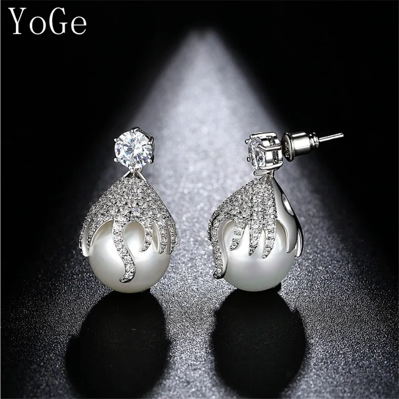 YoGe свадебные и вечерние ювелирные изделия для женщин, E1153 отличный дизайн AAA CZ милые жемчужные серьги-гвоздики в виде ракушки