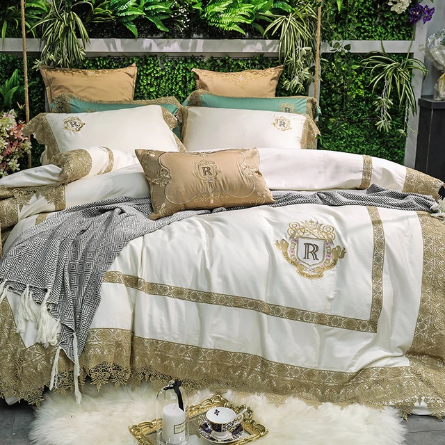 Cream White Golden Lace Luxury Royal 80s Egyptian Cotton Bedding Set Cream White Golden Lace Luxury Royal 80s Egyptian Cotton Bedding Set King Queen Size Duvet Cover