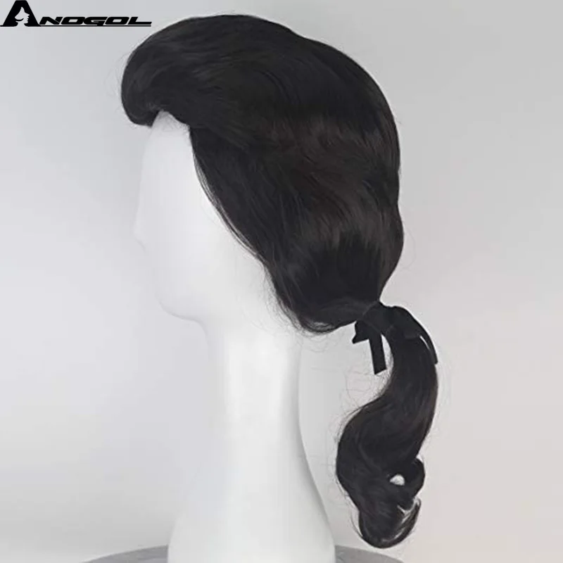 Anogol Beauty and the Beast Prince Gaston Wig Black Short Curly Wig Cosplay Synthetic For Halloween Role Play Party Hair Costume