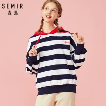 

SEMIR Women Oversized Striped Hooded Sweatshirt Embroidered Pullover Hoodie with Contrasted Drawstring Hood Ribbed Cuffs and Hem