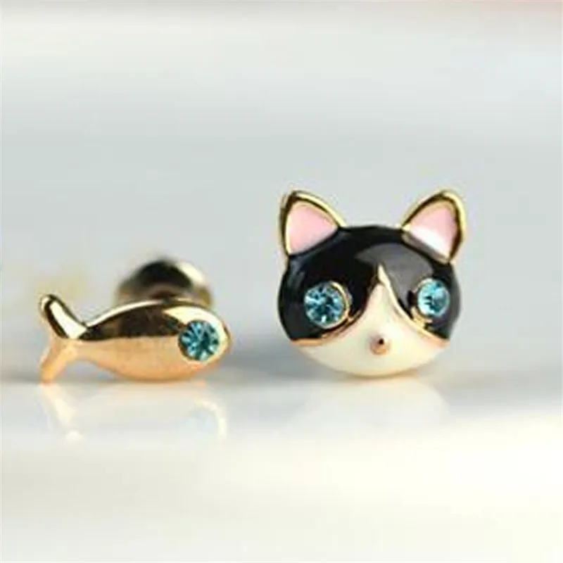 

Fashion Cute Rhinestone Cat and Fish asymmetric Stud Earrings For Women Girls Ear Jewelry Birthday Gifts
