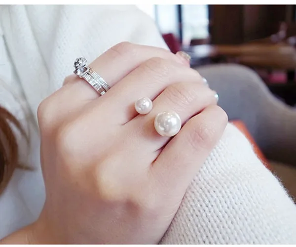 

SHUANGR New Fashion Silver and Gold-Color Korean Elegant Women Lovely Girls Simulated Pearl Adjustable Opening Rings