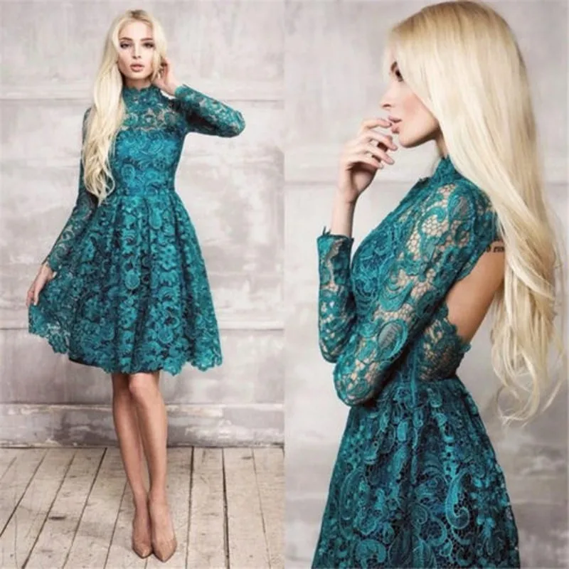 

High Neck Backless Lace Short Prom Dress A-line Long Sleeve Cocktail Party Dresses