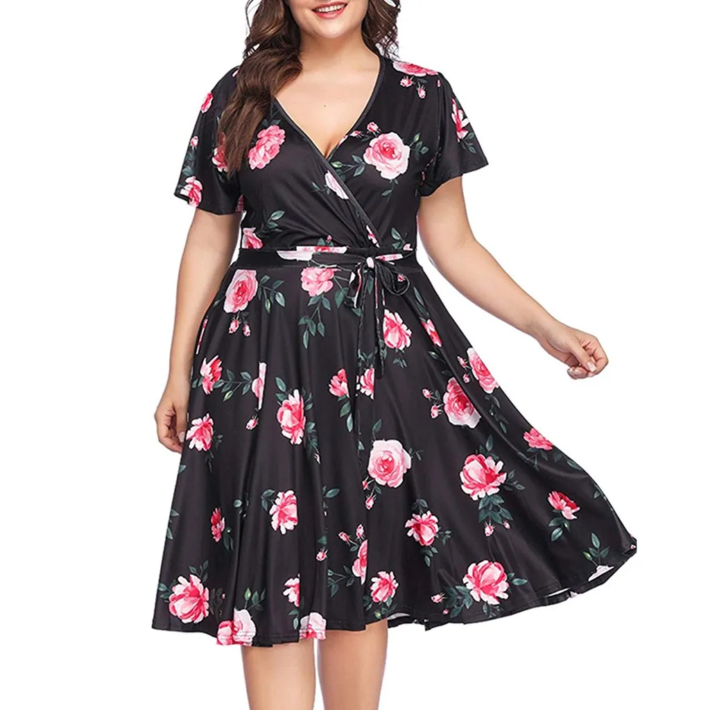 

Womail Dress Women Casual Fashion Dress Plus Size V-neck Bohemian Short Sleeve Belt Large Size Dress For Ladies Dropship May17