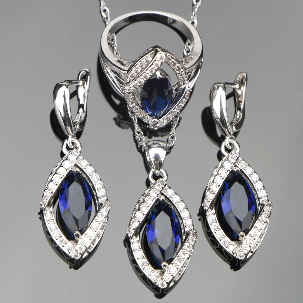 925 Sliver Blue Zircon Jewelry Sets For Women Wedding Necklace Pendant