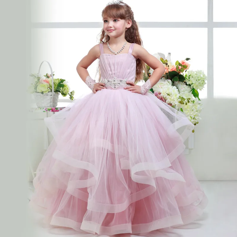 

2017 Flower Girl Dresses Pink Spaghetti Strap Crystal Sleeveless Ruffle Kid Ball Gowns Lace Up First Communion Gowns Vestidos