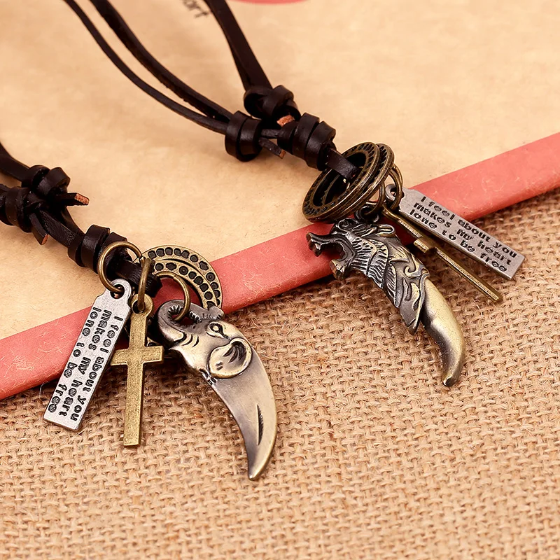 

Vintage Antique Max Colar de Couro Masculino Gothic Teen Wolf Necklace Genuine Leather Neckless Men Elephant Neckalce LKN0060