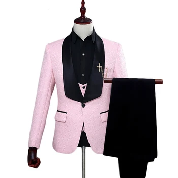 

Red White Pink Suit Men 2019 Slim Fit Shawl Collar Men Suits For Wedding Fashion Jacquard 3 Piece Prom Suits