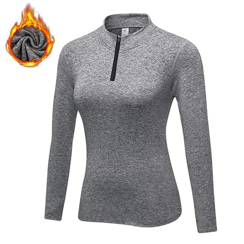Зимняя теплая женская рубашка для йоги с длинным рукавом, футболки для бега, Женская быстросохнущая Спортивная одежда для спортзала, фитнеса, облегающий топ с v-образным вырезом для йоги - Цвет: gray