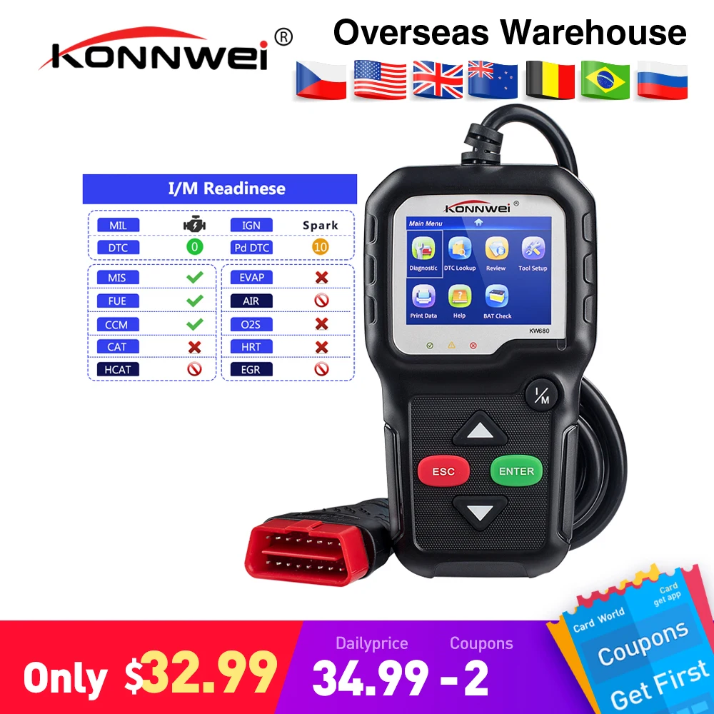 

2018 Best OBD2 Car Diagnostic tool KONNWEI KW680 Full OBD2 Function Supports Multilingual kw 680 code reader scanner in russia