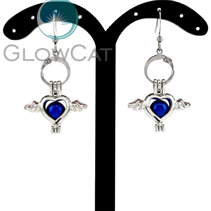 

E-KK59 Women Girl Lovely Heart Wings Openable Stone Pearl Cage Drop Earrings For Hanging Dangle Locket Jewelry Ear Hook Brincos
