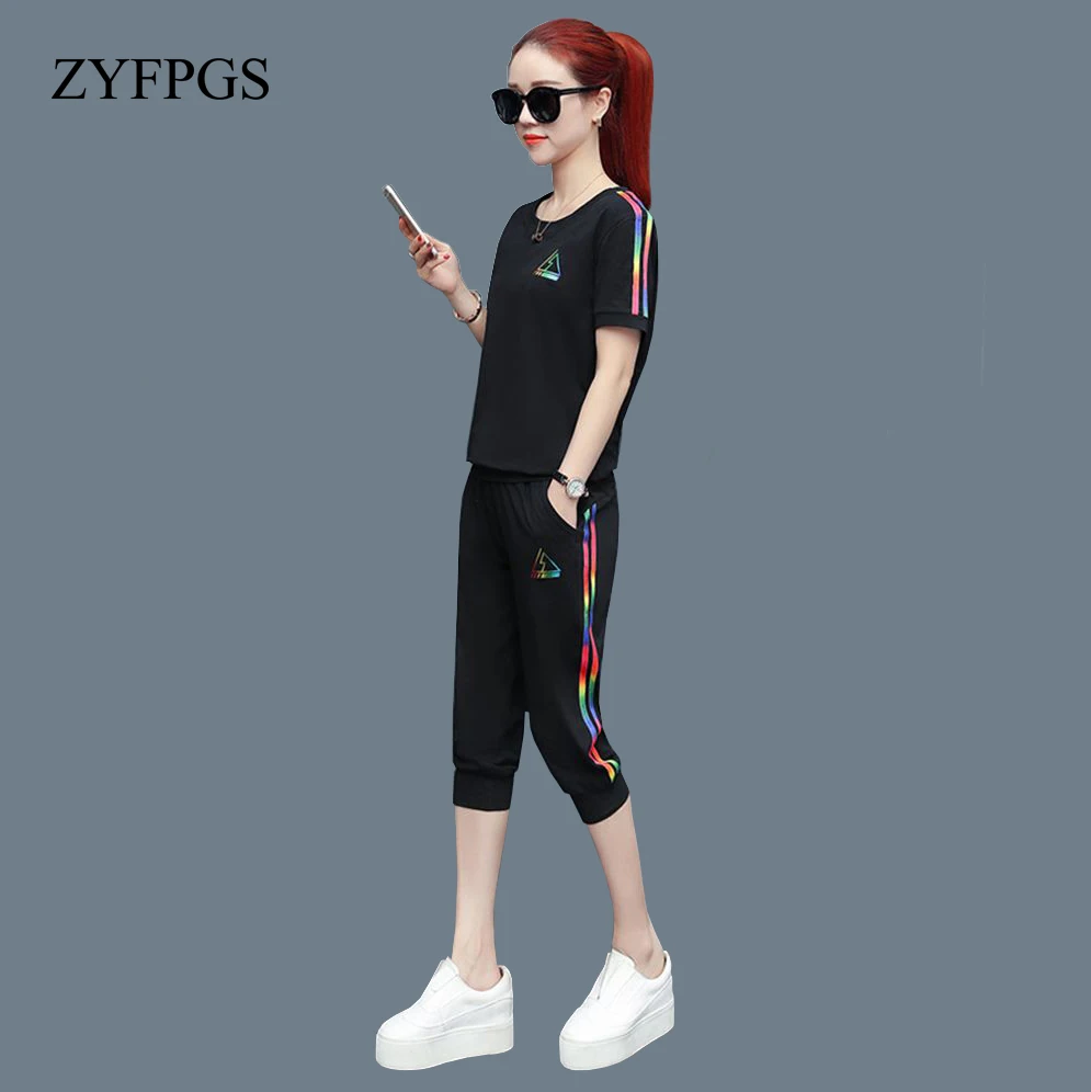 

ZYFPGS 2019 2 Piece Set Women Tracksuit For Women Gradient Sideband Summer Suit Biker Shorts Sweatshirt 4XL SALE HOT Z0712