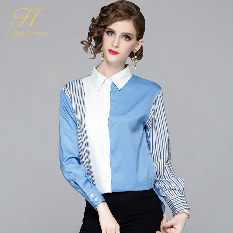 H Han queen размера плюс, летняя блуза, женские топы в полоску, винтажные блузки с принтом, элегантная рубашка с длинным рукавом, Повседневная шифоновая блуза для работы