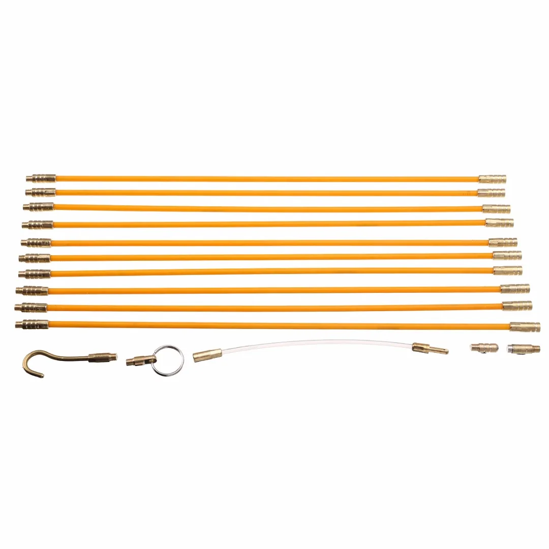 10pcs Fiberglass Cable Running Rods with Brass Hook End Brass Eye End and Flexible Acrylic Connection Kit Set