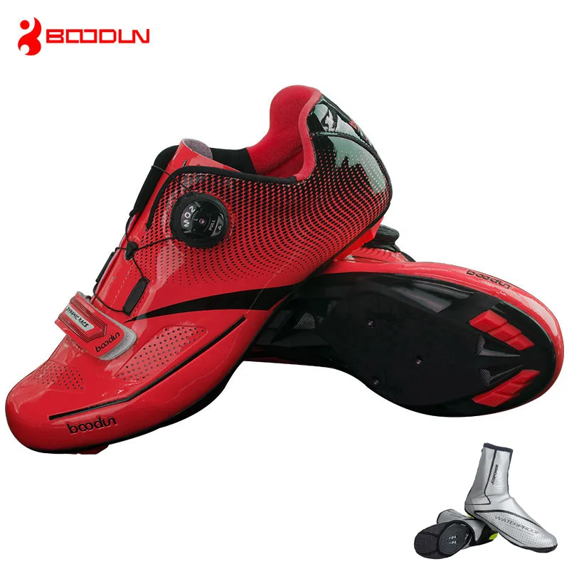 red with overshoes BOODUN, дышащий материал, профессиональная самоблокирующаяся велосипедная обувь, обувь для шоссейного велосипеда, Ультралегкие спортивные гоночные кроссовки, Zapatos Ciclismo - Цвет: red with overshoes