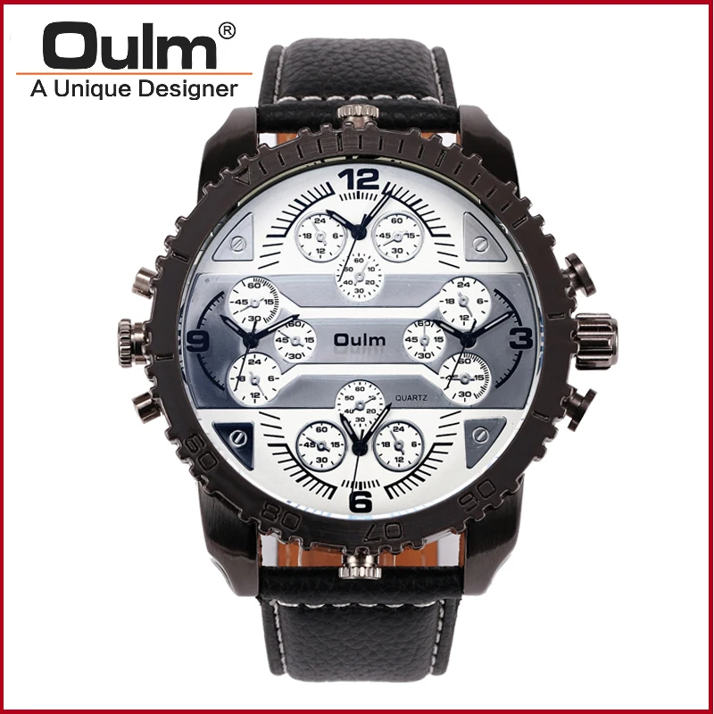 font b Oulm b font Brand 3233 Mens Big Face Watches 4 Time Zone Leather