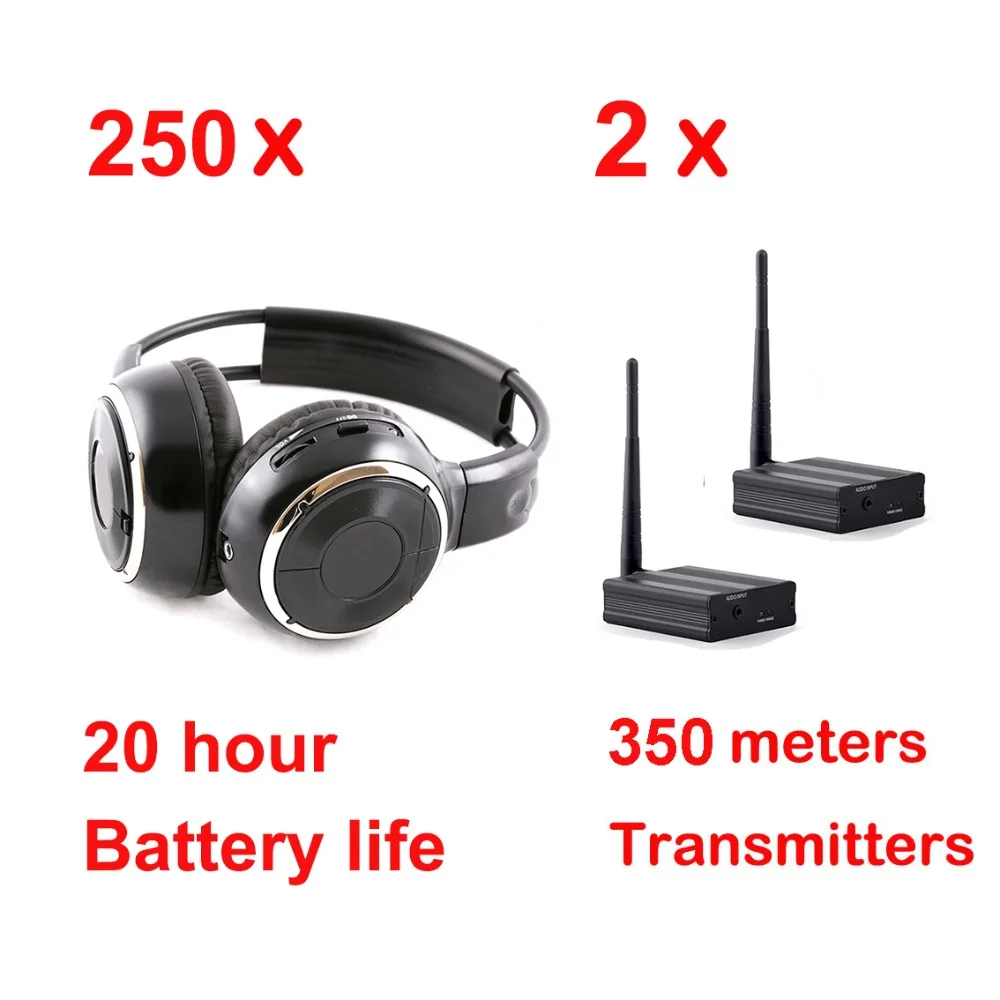  500m 3 channel wireless silent disco headphones - 250 foldable headphones + 2 Transmitters