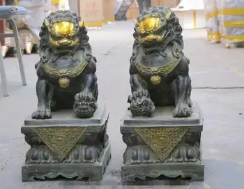 

China FengShui Palace Door Guardian Fu Foo Dog lion Pair Bronze Gilt statue