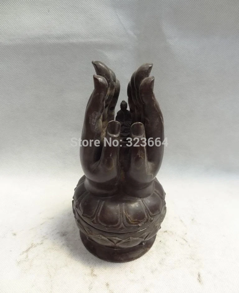 

8" Tibet Bronze Sahakyamuni Buddha Hand Statue Box Lotus Incense Burner Censer