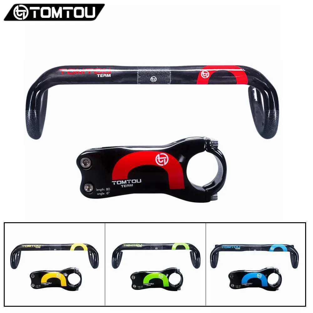 

TOMTOU Glossy Full UD Carbon Fibre Bike Handlebar Sets Road Handlebar Stem For Road Bicycle Parts Red Green Yellow Blue - TC7T15