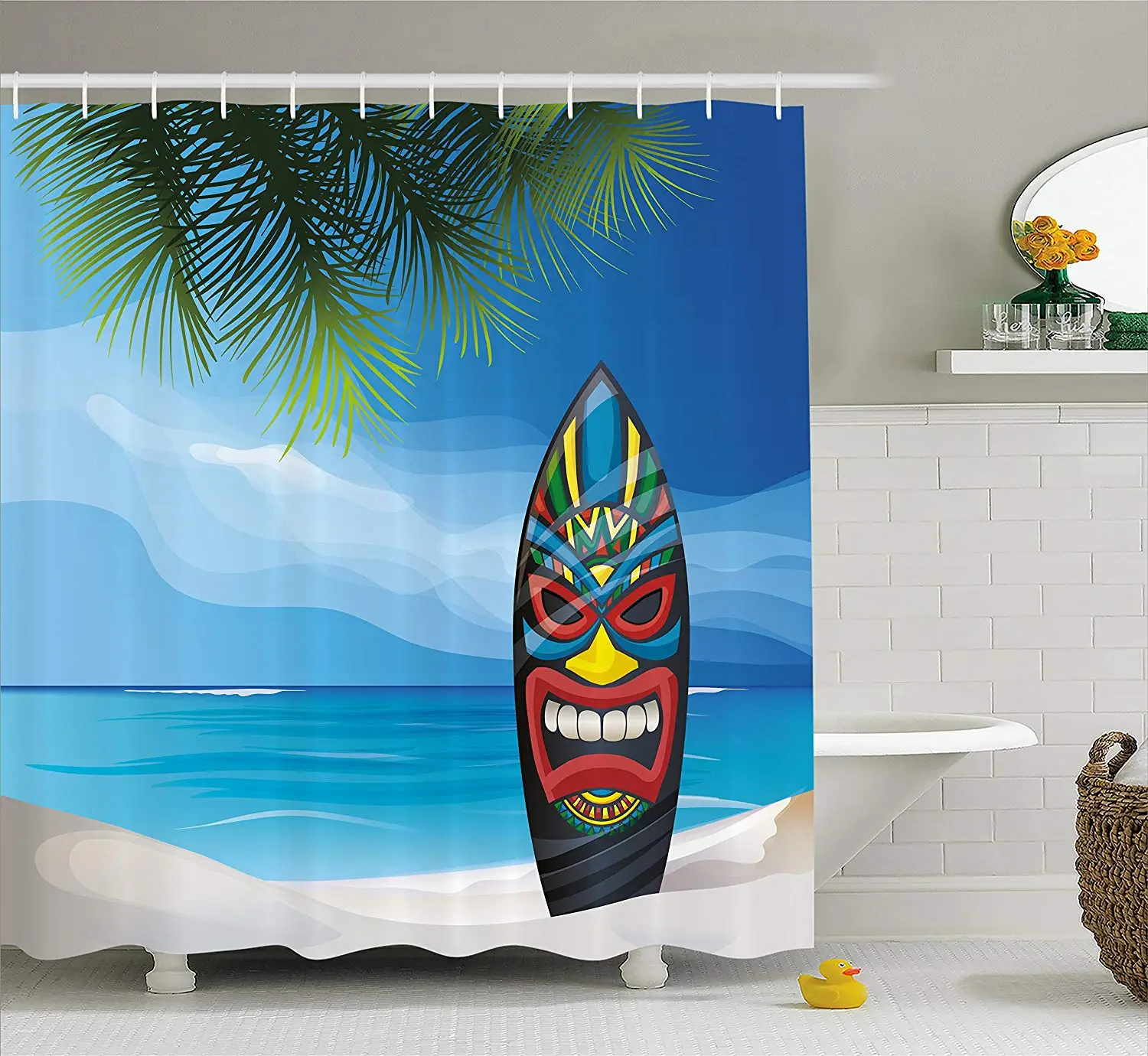 Tiki Bar занавеска для душа Warrior маска дизайн доски серфинга на пляже океана