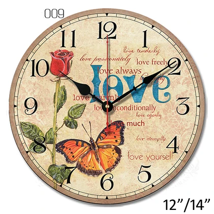 Large Shabby Chic Vintage Style With Red Rose Yellow Butterfly 30 35cm MDF Wall Clock Home Bedroom Decor