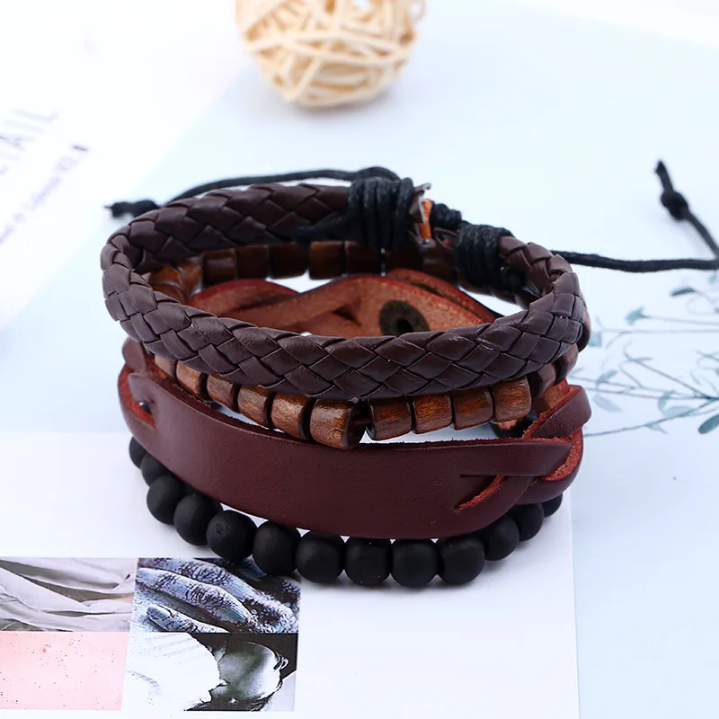 4pcs/set New Vintage Rope Handmade Bead Woven Leather Men Bracelets Women Bangles Female Rock Men Jewelry Accessories