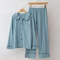 Новые осенние простые женские Японии рубашка и брюки Pj Set 2018 сезон: весна–лето синий сладкий ночное Для женщин с длинным рукавом