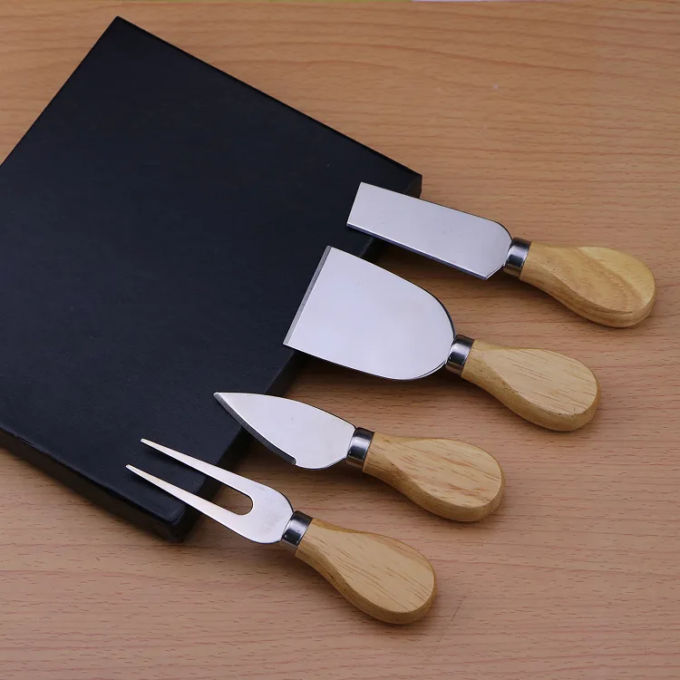 

(4pcs) Wooden Handle Cheese Knives Set Cheese Knife Slicer Fork Scoop Cutter Useful Cooking Tools In Black Box