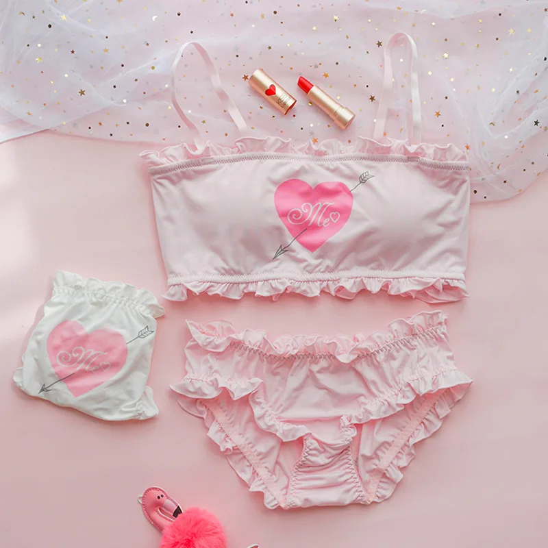 

Japanese cute Chiffon Bra&Panties Set Wirefree Soft Underwear Sleep Intimates Set Kawaii Lolita women lingerie boudoir