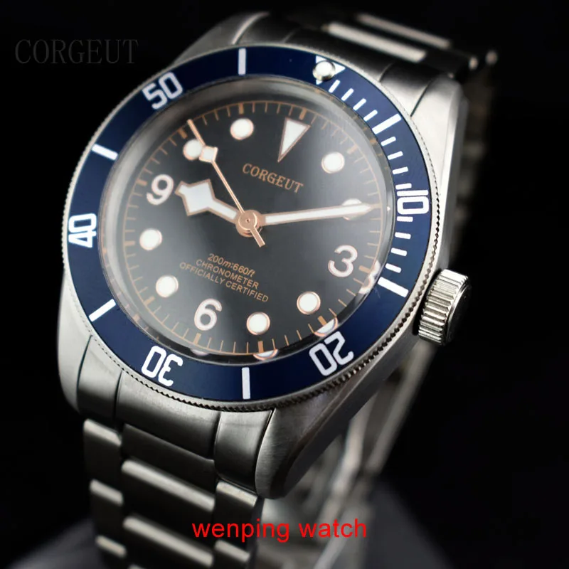 

Corgeut 41mm black sterial dial orange marks blue Bezel bracelet sapphire glass Automatic Men's watches E2413