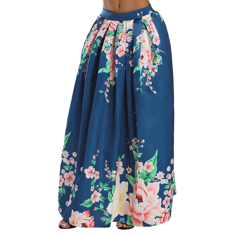

New 2019 Elegant Floral Print Women Long Skirt High Waist Flared Maxi Skirt A Line Beach Skirt Vintage Ladies Summer Skirt