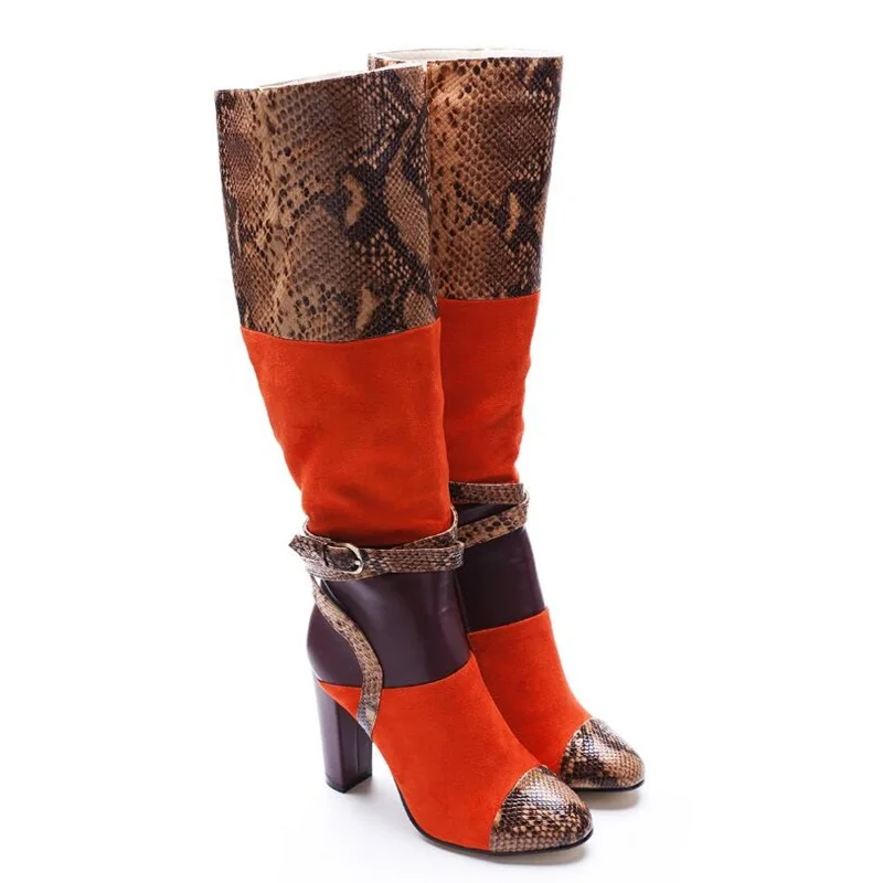 

women knee high square heel boots snake skin leather flock fabric patchwork shoes ankle buckle strap large size 44 winter boots