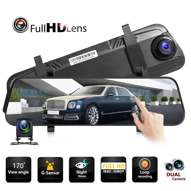 9,66 дюймов Автомобильный видеорегистратор с сенсорным экраном камера 1080p фронтальная+ 720p задняя двойная линза видеорегистратор зеркало заднего вида Dashcam