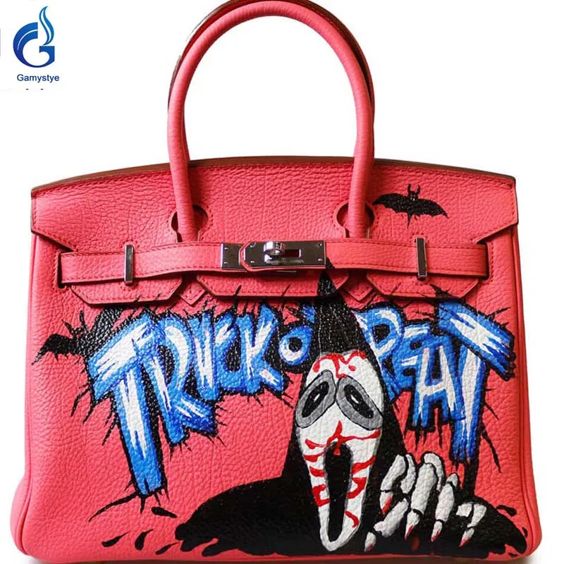 

2018 terror Pumpkin Halloween Graffiti Customize bags women handbags Messenger Bags Hand paint Geunine leather ladies totes YG