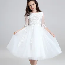Vestidos de daminha/Белое фатиновое кружевное бальное платье с бисером; Платья с цветочным узором для девочек с короткими рукавами на свадьбу; коллекция года; платья для первого причастия