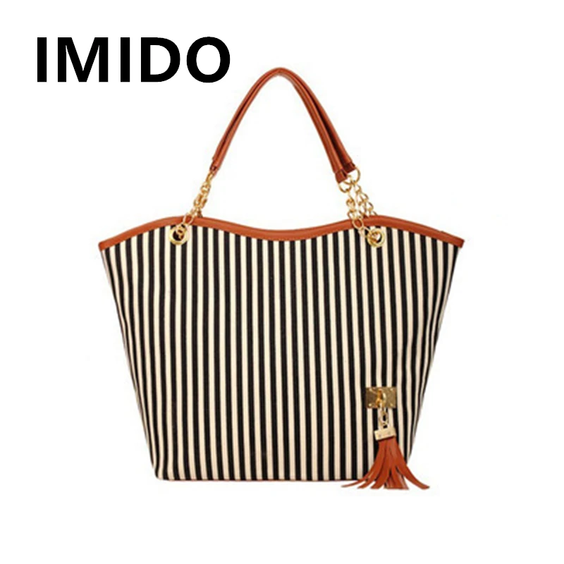 

IMIDO 2019 Summer Brand New Chain Striped Canvas Shoulder Big Bag Trend Of European And American Female Models Fashion Casual